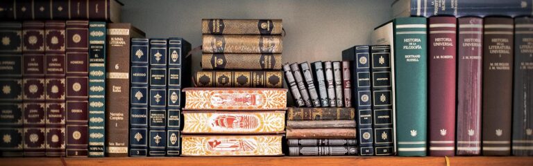 A collection of ornate, leather-bound books on wooden shelves, representing a diverse legal library. The books feature various colors and decorative spines, symbolizing the depth of knowledge and experience in a law firm.